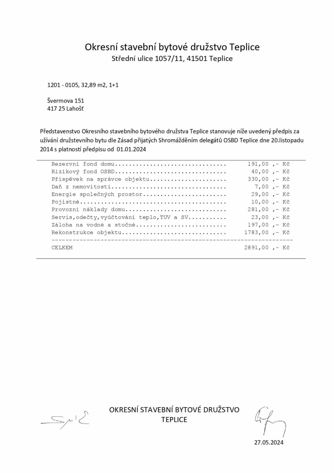 Evidenční list - nájemné