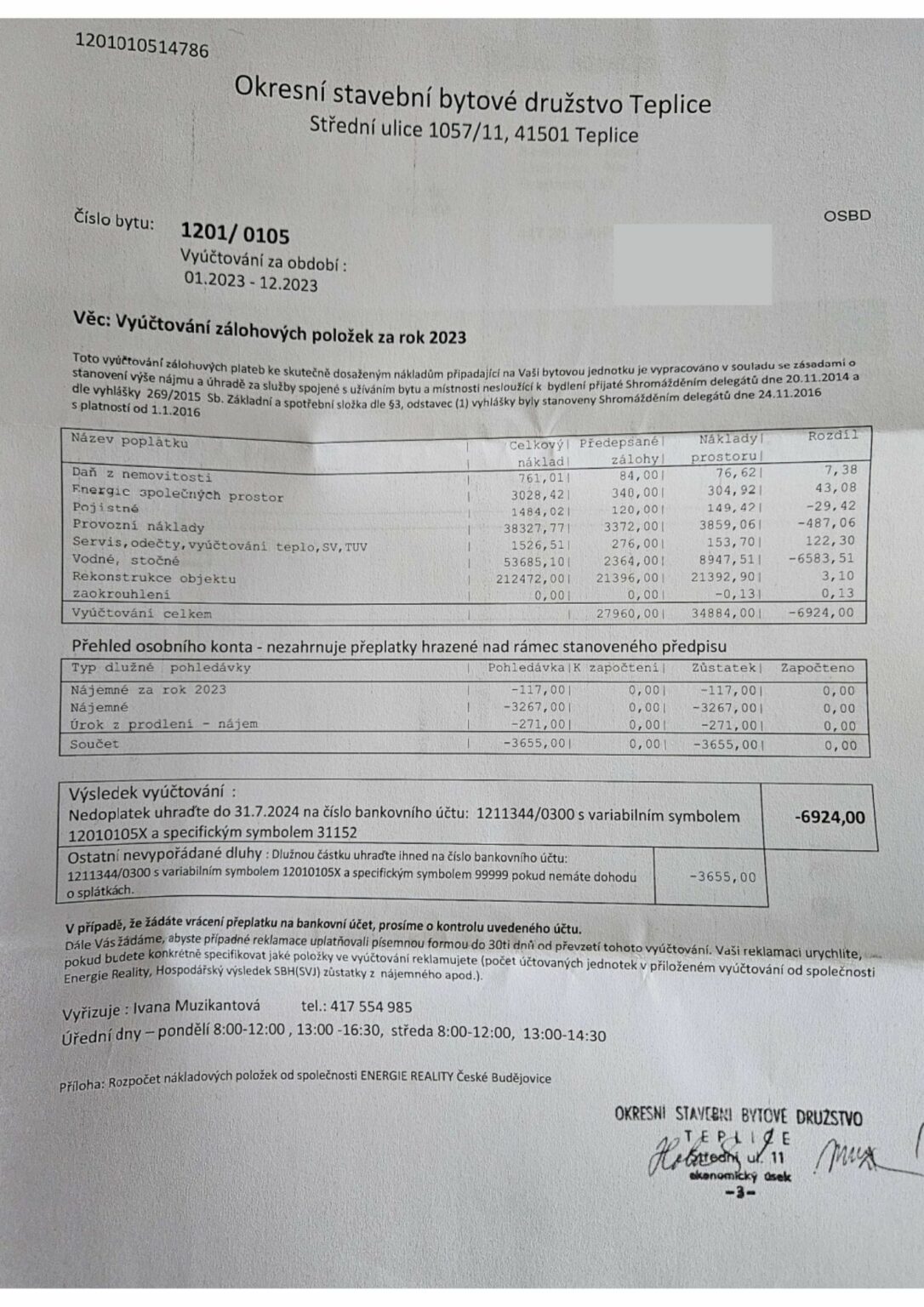 Vyúčtování - nájemné