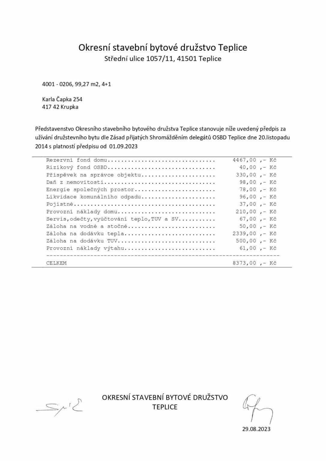 Evidenční list - nájemné