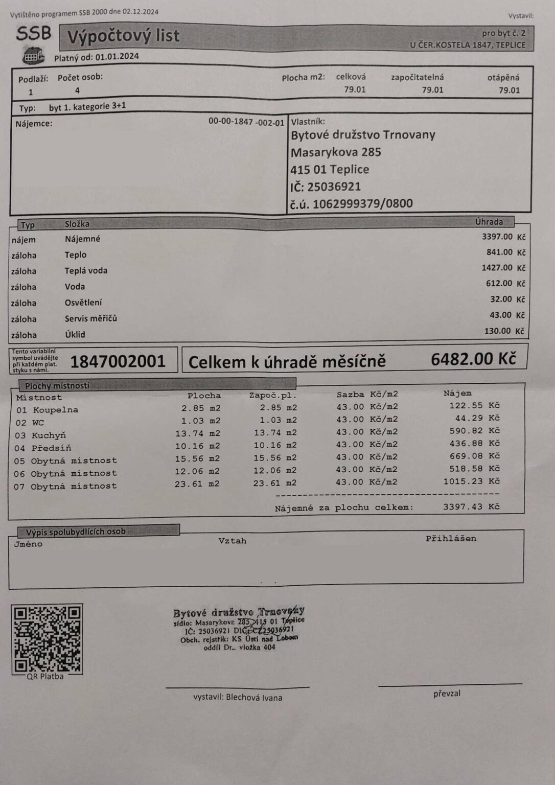 Evidenční list - nájemné