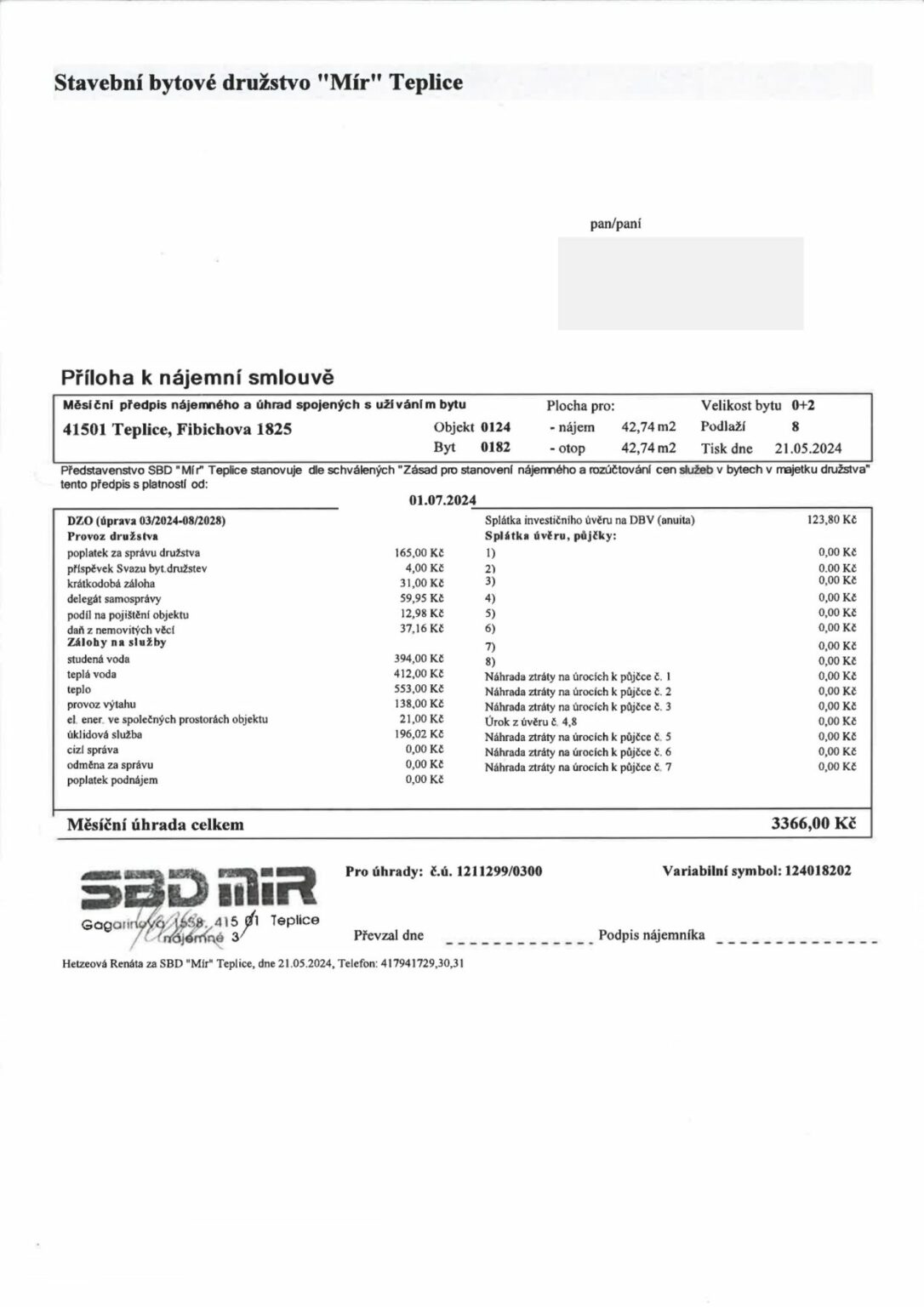 Evidenční list (nájemné)