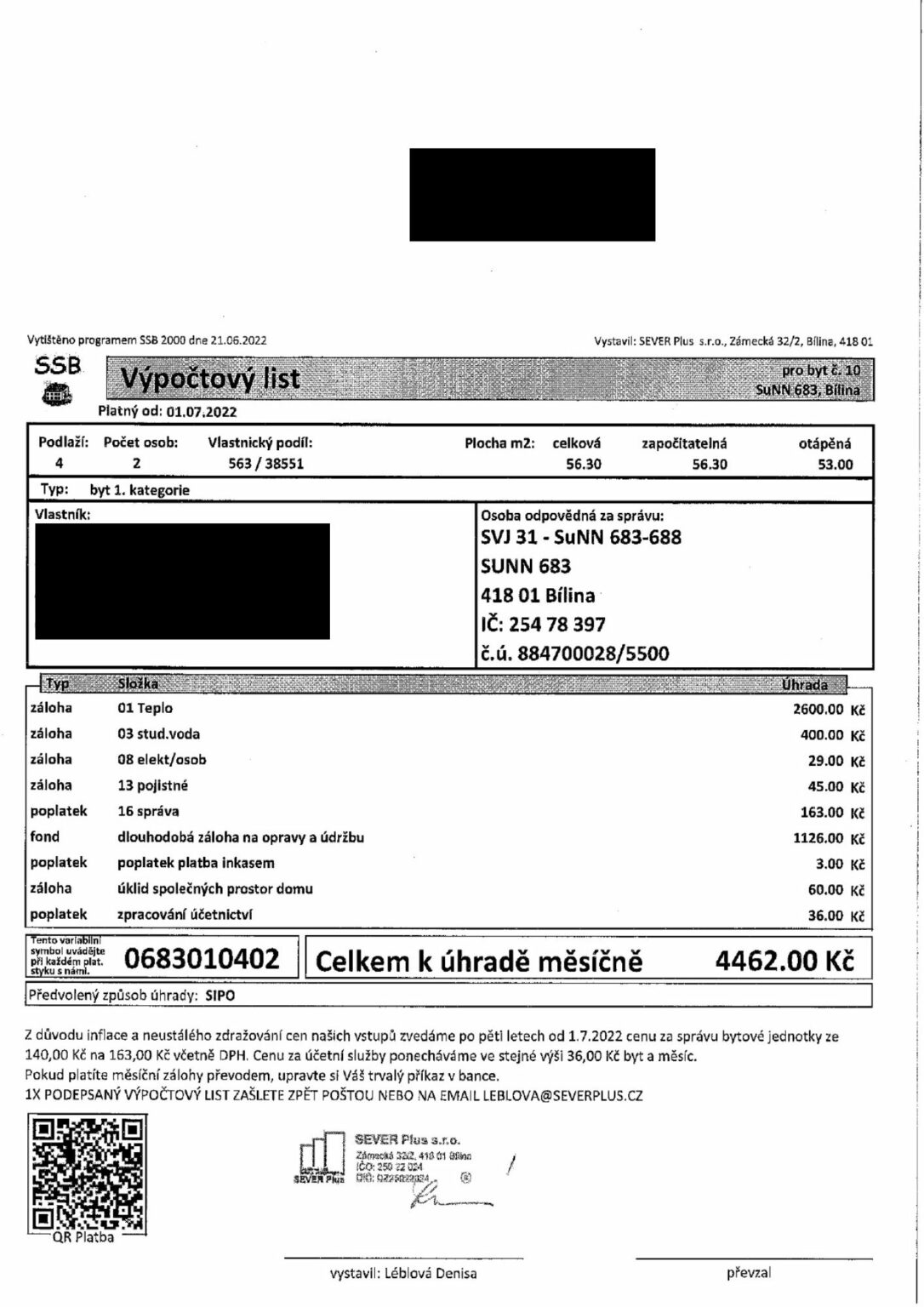 Evidenční list (nájemné)