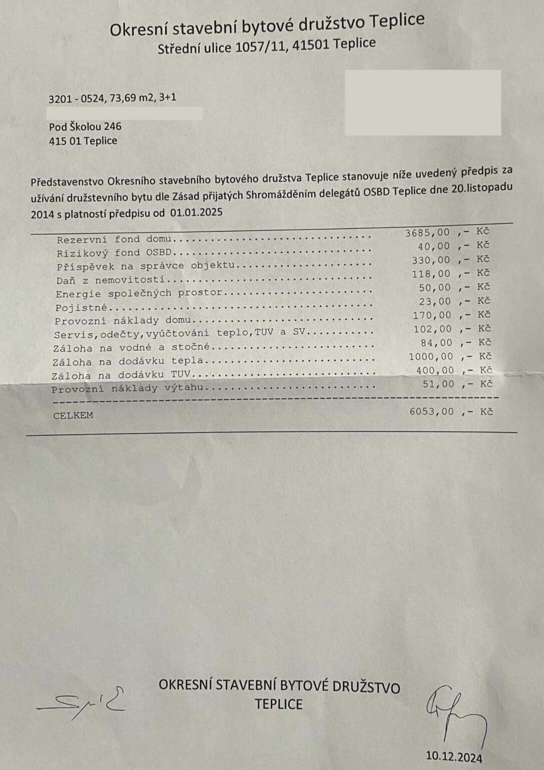 Evidenční list (nájemné)