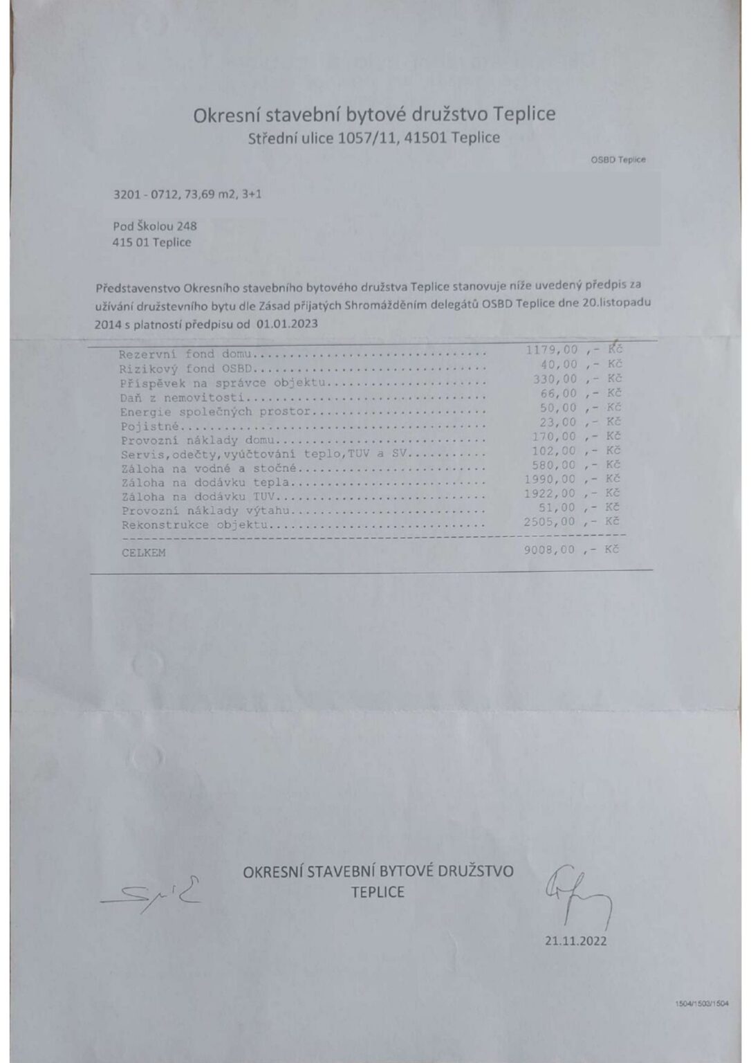 Evidenční list (nájemné)